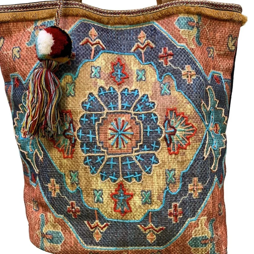 *Soft Surroundings Tan & Blue Bishop Tote Handbag Large - Picture 2 of 6